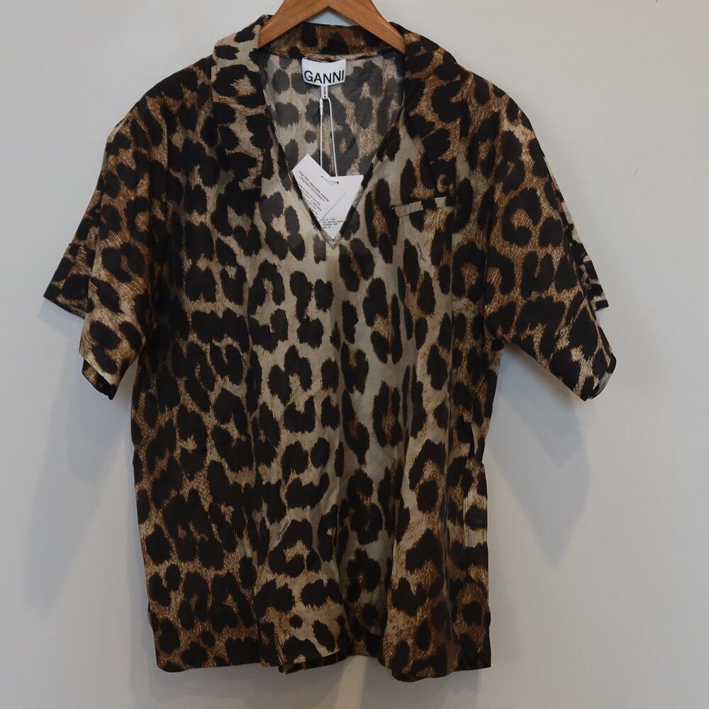 NWT GANNI leopard print top blouse short sleeve semisheer lightweight 36 breezy - Picture 2 of 16